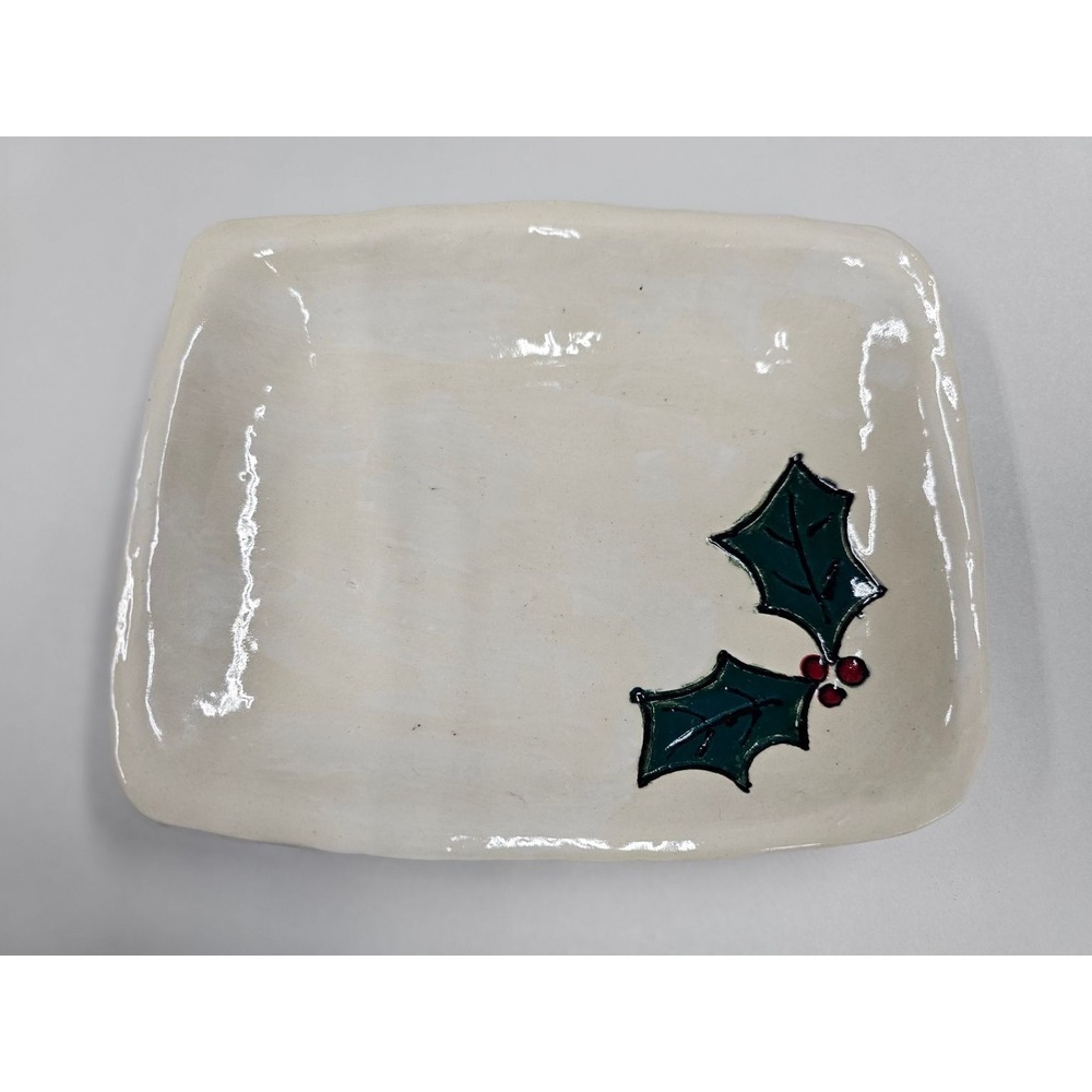 Handmade Pottery Holly Berry Ceramic Dish Trinket Tray Holiday Decor 7.25x5.75